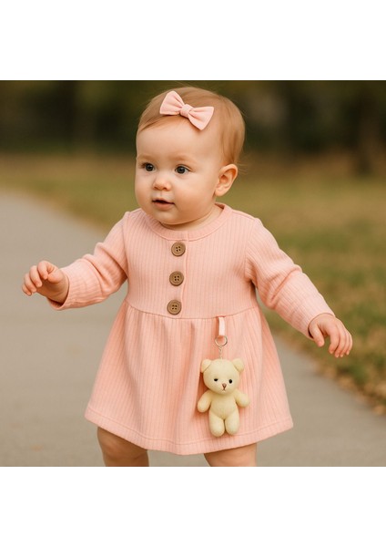 Pembe Fiyonklu Peluş Ayıcık Aksesuarlı Kız Bebek Elbise – 6/9/12 Ay modelleri