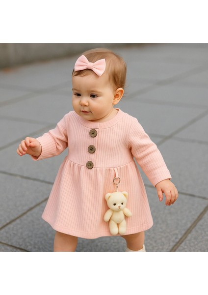 Pembe Fiyonklu Peluş Ayıcık Aksesuarlı Kız Bebek Elbise – 6/9/12 Ay fırsatları