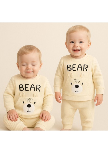 Erkek Kız Bebek Ayıcık Desenli 2’li Ribana Takım - Uzun Kollu