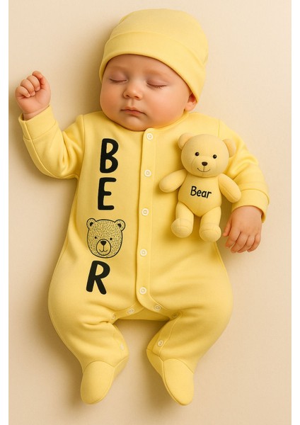 Unisex Bebek Tulum Bear Desenli Sevimli Tulum + Oyuncak Ayıcık Detaylı 3/6/9 Ay