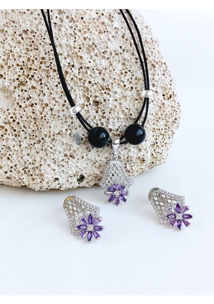 18 Ayar Altın Kaplama Zarif Otantik Lale Tasarım Doğal Taşlı Kadın Gümüş Kolye Küpe Set