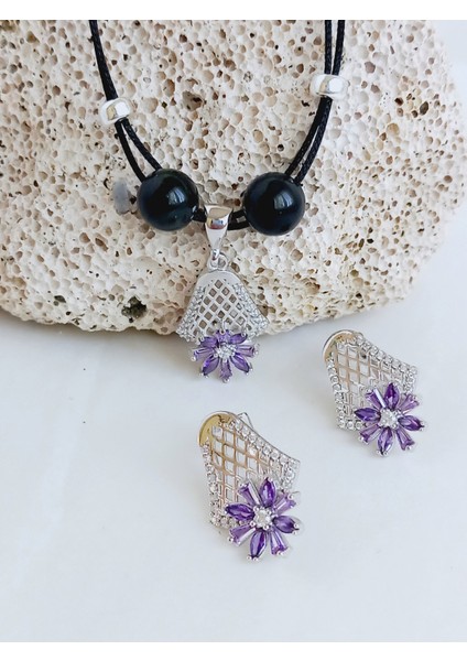 18 Ayar Altın Kaplama Zarif Otantik Lale Tasarım Doğal Taşlı Kadın Gümüş Kolye Küpe Set fiyatları