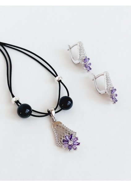 18 Ayar Altın Kaplama Zarif Otantik Lale Tasarım Doğal Taşlı Kadın Gümüş Kolye Küpe Set modelleri