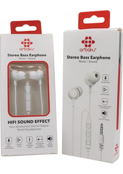(Beyaz) Mikrofonlu Stereo Bass Kulaklık Arbaks ARB-221