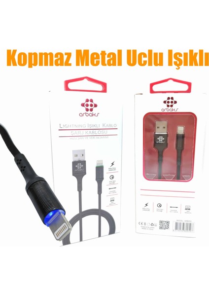 (Iphone) Kopmaz Metal Uclu Işıklı Hızlı Şarj Kablosu Arbaks ARB050