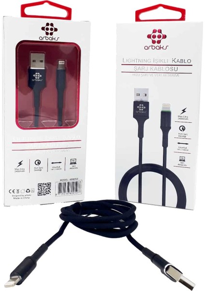 (Iphone) Kopmaz Metal Uclu Işıklı Hızlı Şarj Kablosu Arbaks ARB050 fiyatları