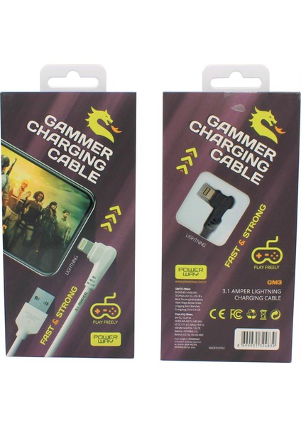 3.1A (Iphone) USB Örgülü Gaming Oyuncu Kablosu Powerway Gm3