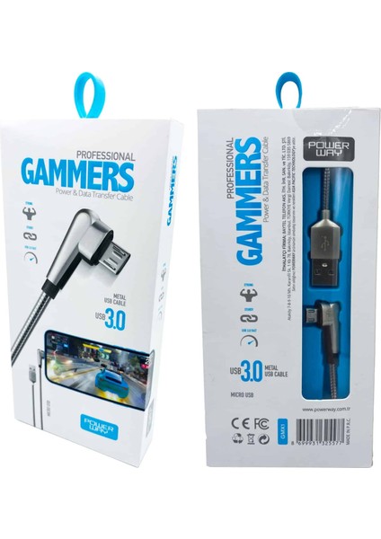 3.0A (Micro) Metal Gamer Hızlı Şarj Kablosu Powerway Gmx1