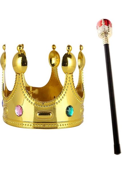 Büro Ev Ofis Etkinlik Gösteri Çocuk Kostüm Tacı Için Golden Taç Kırmızı Topuzlu Kral Asa Seti
