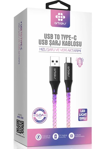 Rgb Işıklı Type-C 5A Şarj Kablosu ARB-308 fiyatları