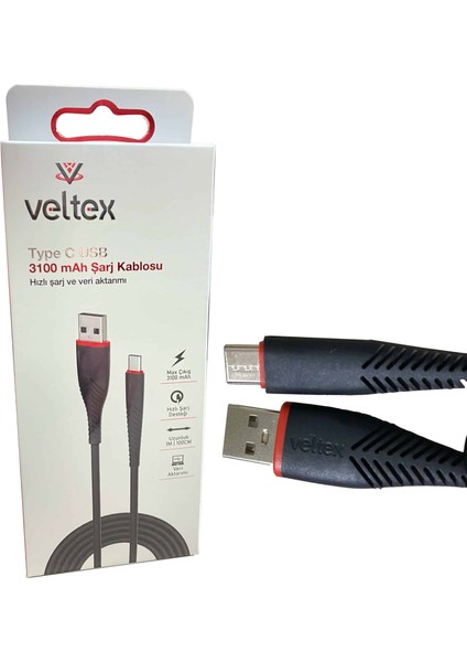 (Type-C) 3.1A Hızlı (Siyah) Şarj Veri Aktarımı Veltex VTX-402