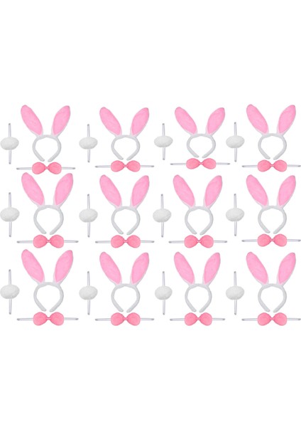 Büro Ev Ofis Etkinlik Gösteri Kostümü Için 12ADET 3parça Pembe Tavşan Taç Ponpon Kuyruk Seti