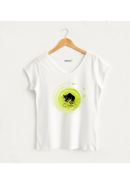 Boğa Burcu V Yaka Beyaz Tasarım Kadın T-Shirt