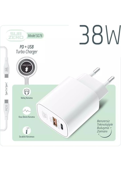 SG76 38W Usb/pd Girişli Type-C Turbo Şarj Aleti | Yüksek Hızlı Güvenli Şarj