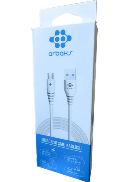 Micro 3100 Mah 1m USB Şarj Kablosu Arbaks ARB100 (Beyaz)