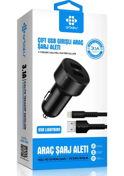 3.1A Çift USB Girişli (Iphone) Kablolu Araç Şarj Aleti Arbaks ARB-606