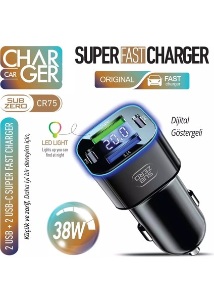 CR75 38W Dijital Göstergeli Rgb Işıklı 2xusb + 2xpd Süper Hızlı Araç Şarj Cihaz