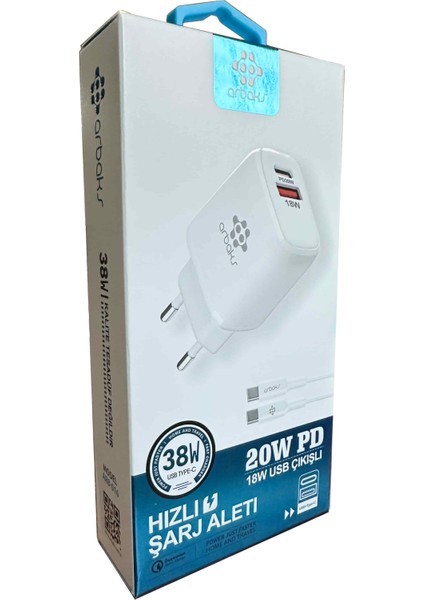 38W Pd + USB + C-C Kablo Şarj Aleti Arbaks ARB-016