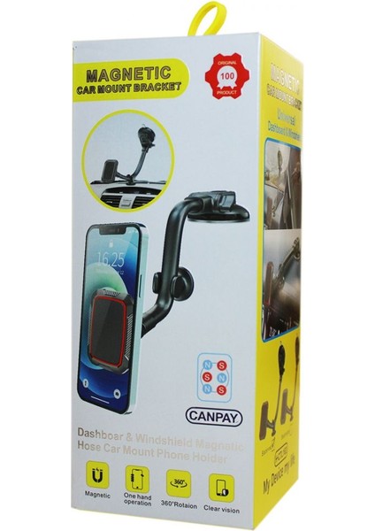 Uzun Esnek Kaz Boynu Manyetik Araç Içi Telefon Tutucu, Çift Stabilizasyonlu, 6x N45 Güçlü Mıknatıs