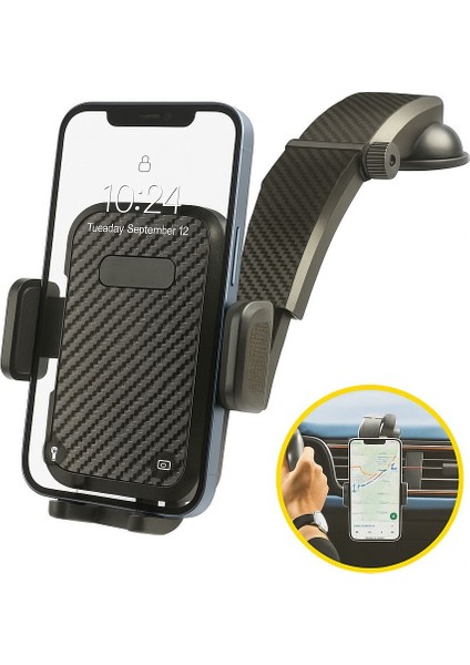 Oto Araba Araç Içi Telefon Tutucu Karbon Fiber Görünümlü, Cam & Torpido Için Vantuzlu Güçlü Tutucu