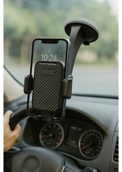 Oto Araba Araç Içi Telefon Tutucu Karbon Fiber Görünümlü, Cam & Torpido Için Vantuzlu Güçlü Tutucu fiyatları