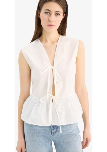 Yeni Sezon fitted V Yaka Önden Bağlamalı Poplin Kolsuz Bluz modelleri
