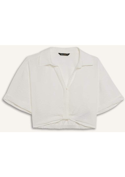 Yeni Sezon Cropped Fit Gömlek Yaka Keten Görünümlü Kısa Kollu Bluz
