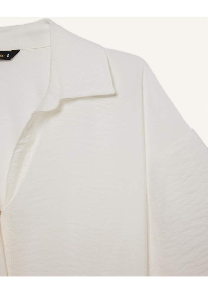 Yeni Sezon Cropped Fit Gömlek Yaka Keten Görünümlü Kısa Kollu Bluz fiyatları
