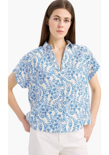 Yeni Sezon Oversize Geniş Kalıp Gömlek Yaka Baskılı Kısa Kollu Bluz