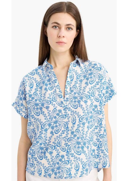 Yeni Sezon Oversize Geniş Kalıp Gömlek Yaka Baskılı Kısa Kollu Bluz