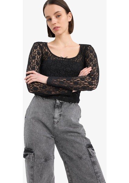 Yeni Sezon Coool Yuvarlak Yaka Fitted Dantel Uzun Kollu Bluz
