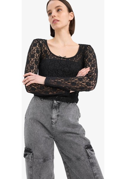 Yeni Sezon Coool Yuvarlak Yaka Fitted Dantel Uzun Kollu Bluz