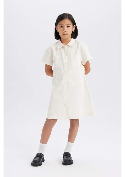 Yeni Sezon Kız Çocuk Gabardin Cepli Düğmeli Kısa Kollu Elbise modelleri