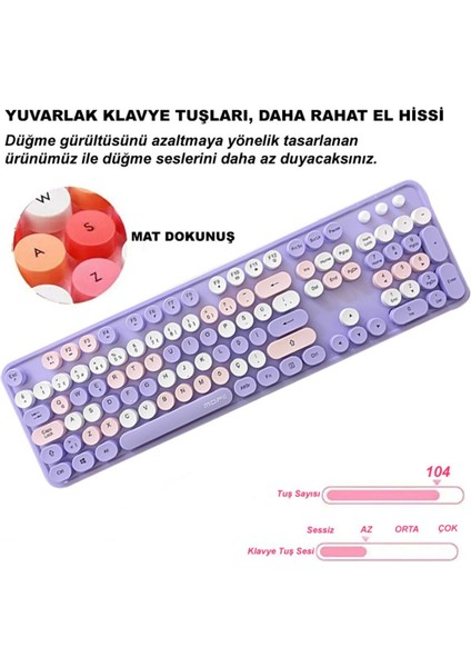 Plenfitul Mofii Sweet Serisi Renkli Kablosuz Klavye Mouse Set Türkçe Mor fırsatları