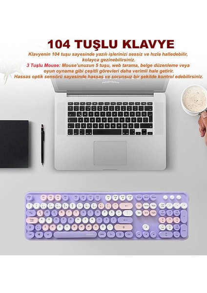 Plenfitul Mofii Sweet Serisi Renkli Kablosuz Klavye Mouse Set Türkçe Mor indirimleri