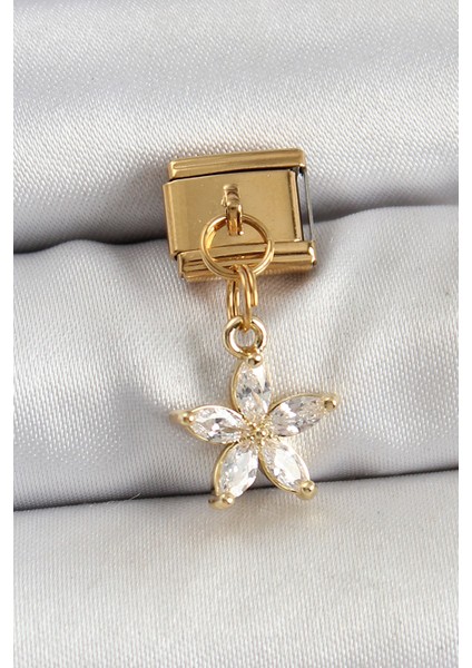 316L Çelik Sallantılı Zirkon Taşlı Çiçek Model Gold Renk Nomination Charm