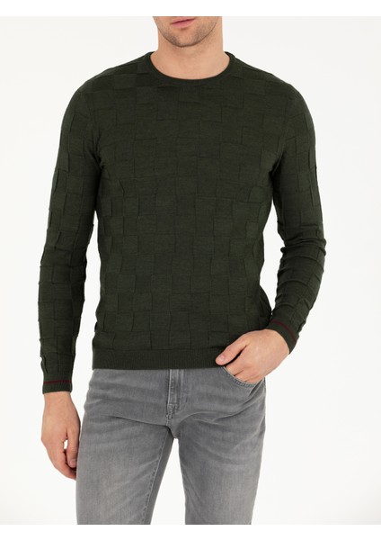 Erkek Haki Slim Fit Yün Karışımlı Bisiklet Yaka Triko Kazak 50258883-VR027