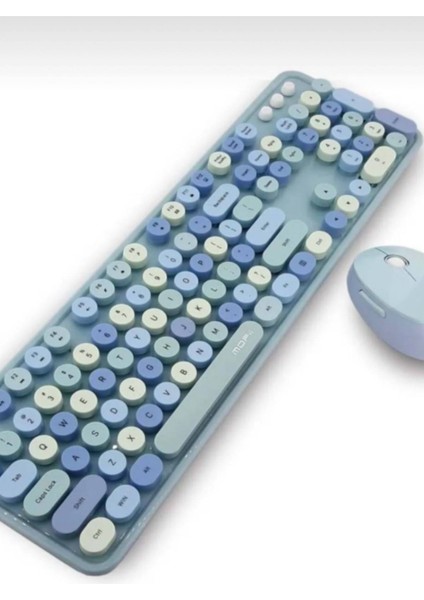 Plenfitul Mofii Sweet Serisi Renkli Kablosuz Klavye Mouse Set Türkçe Mavi