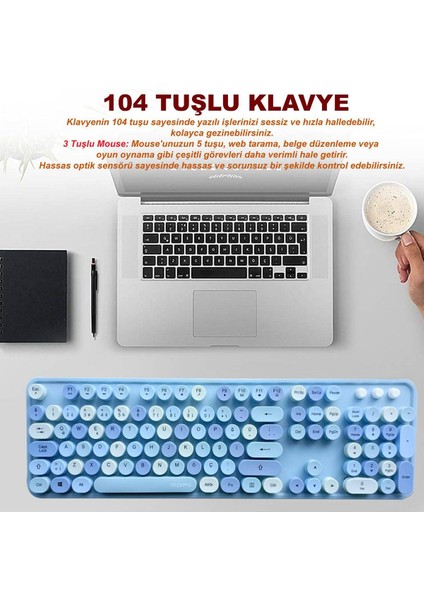 Plenfitul Mofii Sweet Serisi Renkli Kablosuz Klavye Mouse Set Türkçe Mavi fiyatları