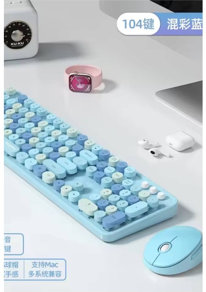 Plenfitul Mofii Sweet Serisi Renkli Kablosuz Klavye Mouse Set Türkçe Mavi indirimleri