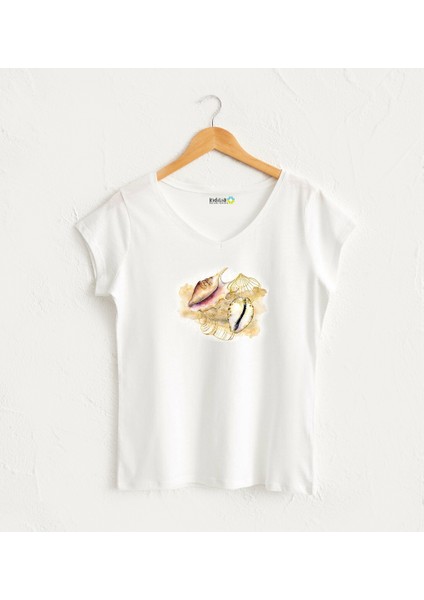 Deniz Kabuğu Görselli V Yaka Beyaz Tasarım Kadın T-Shirt
