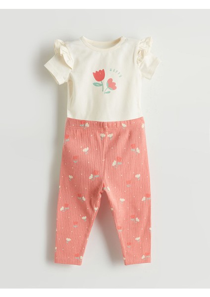 Yeni Sezon Organik Kumas Cicekli Kiz Bebek Citcitli Body ve Tayt 2'li - S5HL48Z1
