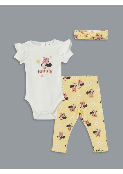 Yeni Sezon Minnie Mouse Baskili Kiz Bebek Body Tayt ve Sac Bandi 3'lu Takim - S5BQ30Z1