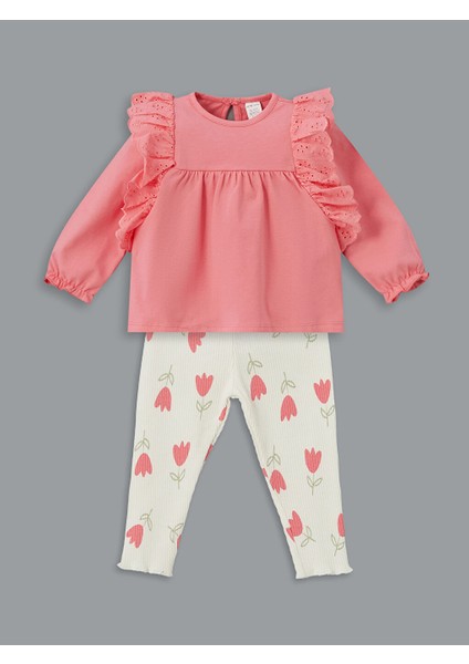 Yeni Sezon Bisiklet Yaka Cicekli Kiz Bebek Bluz ve Tayt 2'li - S51267Z1