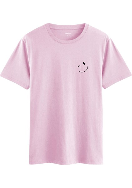 Kadın Pembe Renk Gülümseyen Emoji Baskılı Tişört Oversize Rahat Kalıp