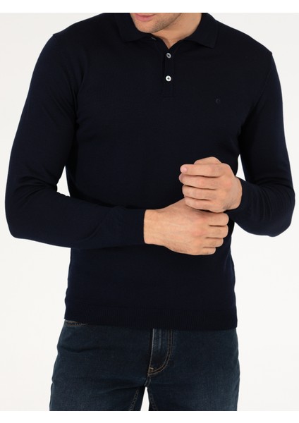 Erkek Lacivert Slim Fit Polo Yaka Basic Triko Kazak 50257266-VR033