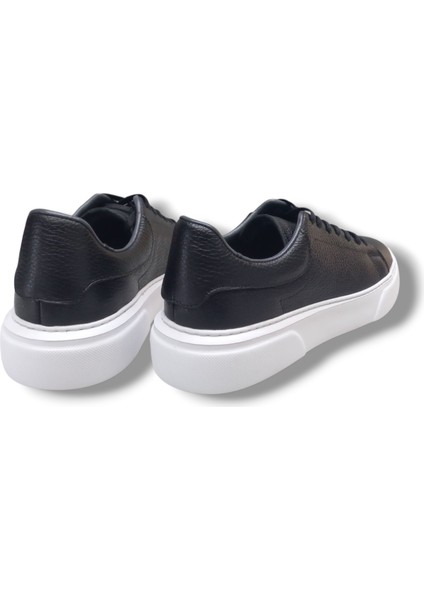 GR0309 Hakiki Özel Yapım Floter Deri Yüksek Eva Taban Siyah Sneakers Erkek Ayakkabı