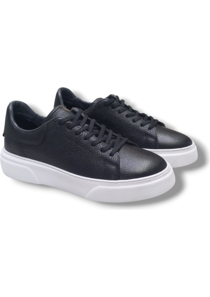 GR0309 Hakiki Özel Yapım Floter Deri Yüksek Eva Taban Siyah Sneakers Erkek Ayakkabı