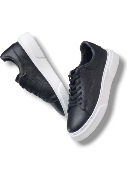 GR0309 Hakiki Özel Yapım Floter Deri Yüksek Eva Taban Siyah Sneakers Erkek Ayakkabı
