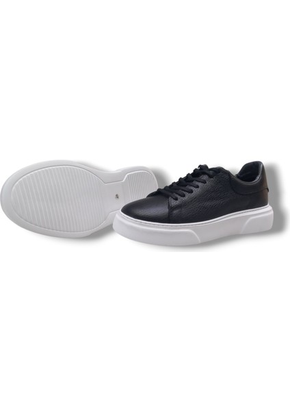 GR0309 Hakiki Özel Yapım Floter Deri Yüksek Eva Taban Siyah Sneakers Erkek Ayakkabı